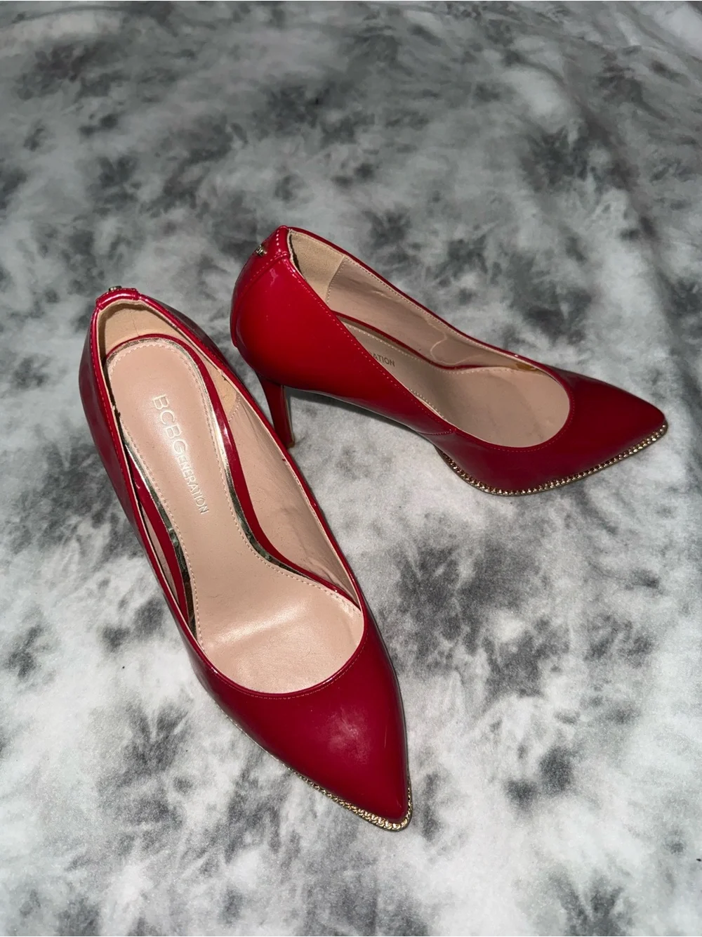 BCBGeneration Red Patent Pointed-Toe Stiletto Pumps with Gold Trim